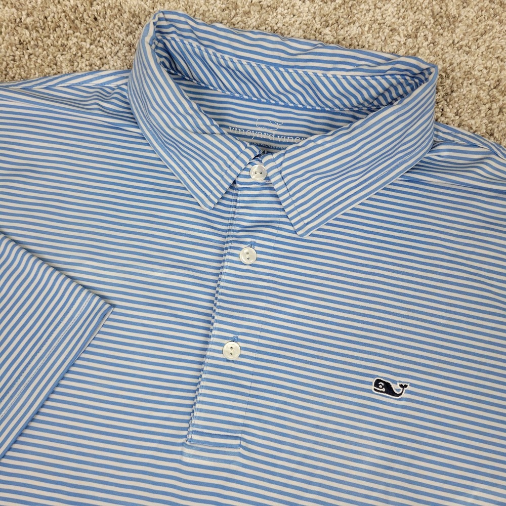 Vineyard Vines Mens XL Blue White Striped Performance Stretch Golf Polo SS